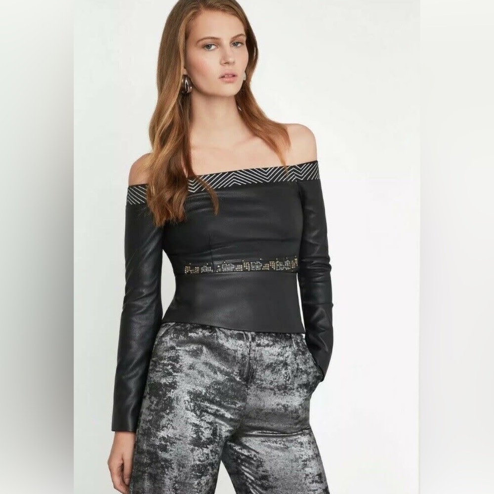 BCBGMAXAZRIA NWT Faux Leather Embellished Off Shoulder Peplum Top - Black XS